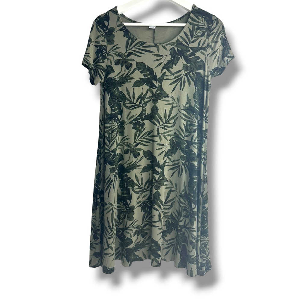Old Navy Swing Dress Women Small Olive Green Tropical Palm Short Sleeve